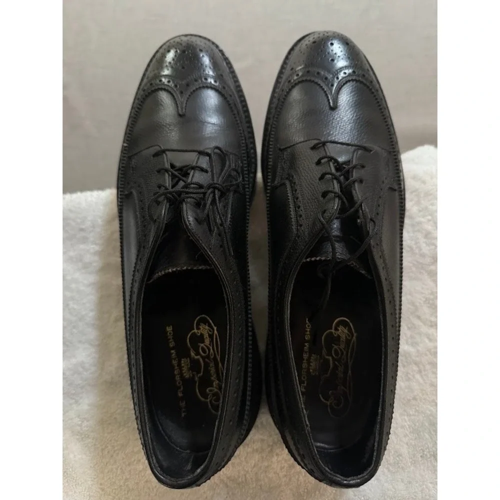Vintage Florsheim Imperial Long Wingtip Black Leather Oxford Dress Shoes Men 10A